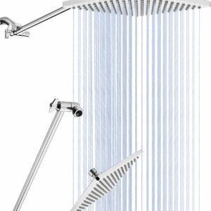 8'' Rain Shower Head with 15'' Extension Arm- 𝟮 𝗳𝗼𝗿 𝟭 𝗖𝗼𝗺𝗯𝗼 Large Surface Fixed Square Shower Head- Extra Long Adjustable Shower Head Extension Arm- Singing Rain Ultimate Shower Experience