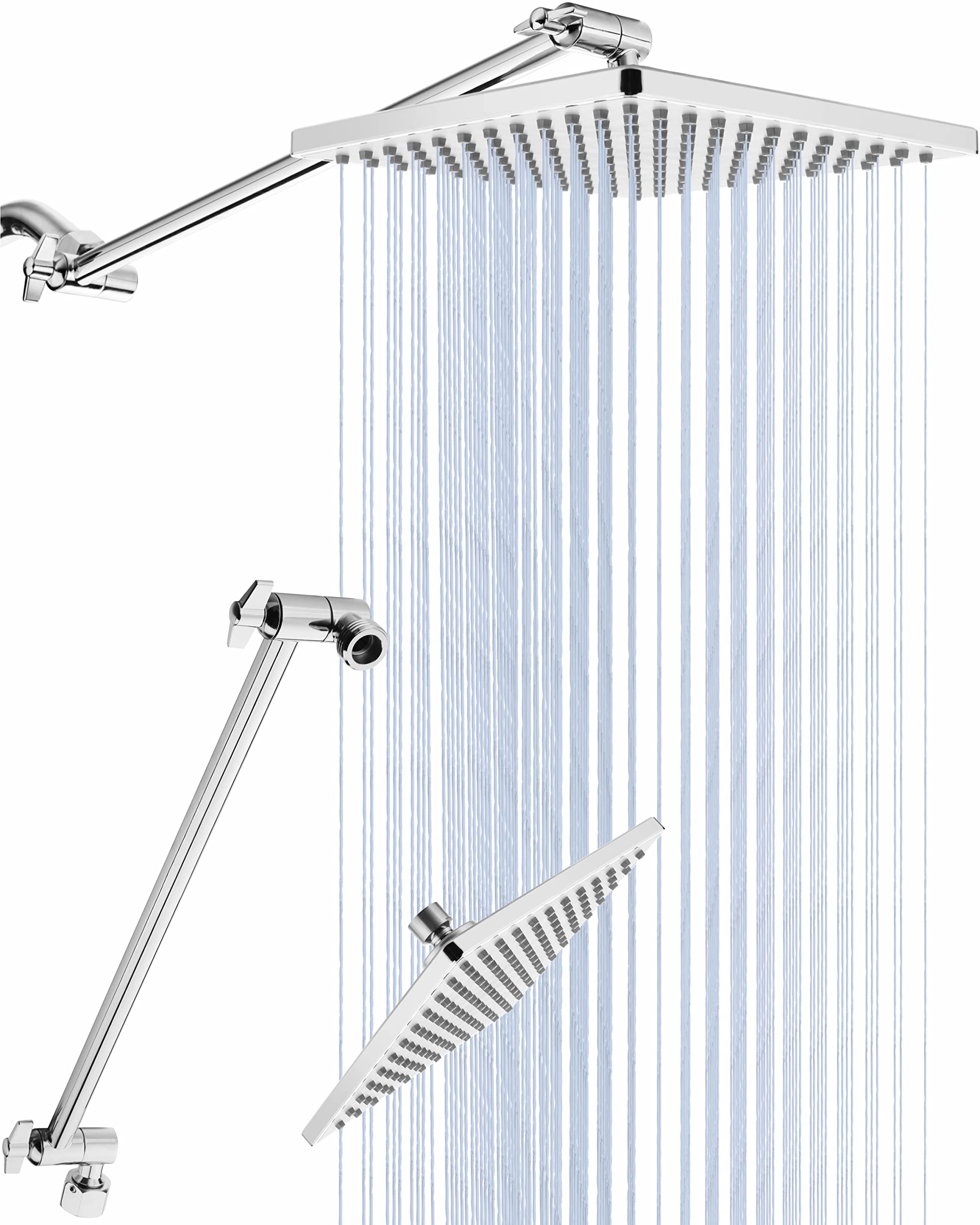 8'' Rain Shower Head with 15'' Extension Arm- 𝟮 𝗳𝗼𝗿 𝟭 𝗖𝗼𝗺𝗯𝗼 Large Surface Fixed Square Shower Head- Extra Long Adjustable Shower Head Extension Arm- Singing Rain Ultimate Shower Experience