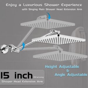 8'' Rain Shower Head with 15'' Extension Arm- 𝟮 𝗳𝗼𝗿 𝟭 𝗖𝗼𝗺𝗯𝗼 Large Surface Fixed Square Shower Head- Extra Long Adjustable Shower Head Extension Arm- Singing Rain Ultimate Shower Experience