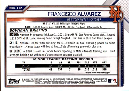 2021 Bowman Chrome Draft #BDC-112 Francisco Alvarez RC Rookie New York Mets MLB Baseball Trading Card