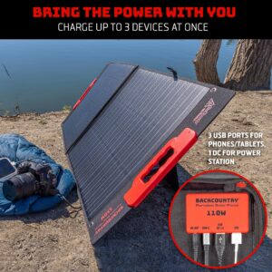 Backcountry Portable Solar Panels, 110W or 60W - IP65 Water Resistant Solar Charger with 3 USB Ports for Phones and DC Out for Power Stations