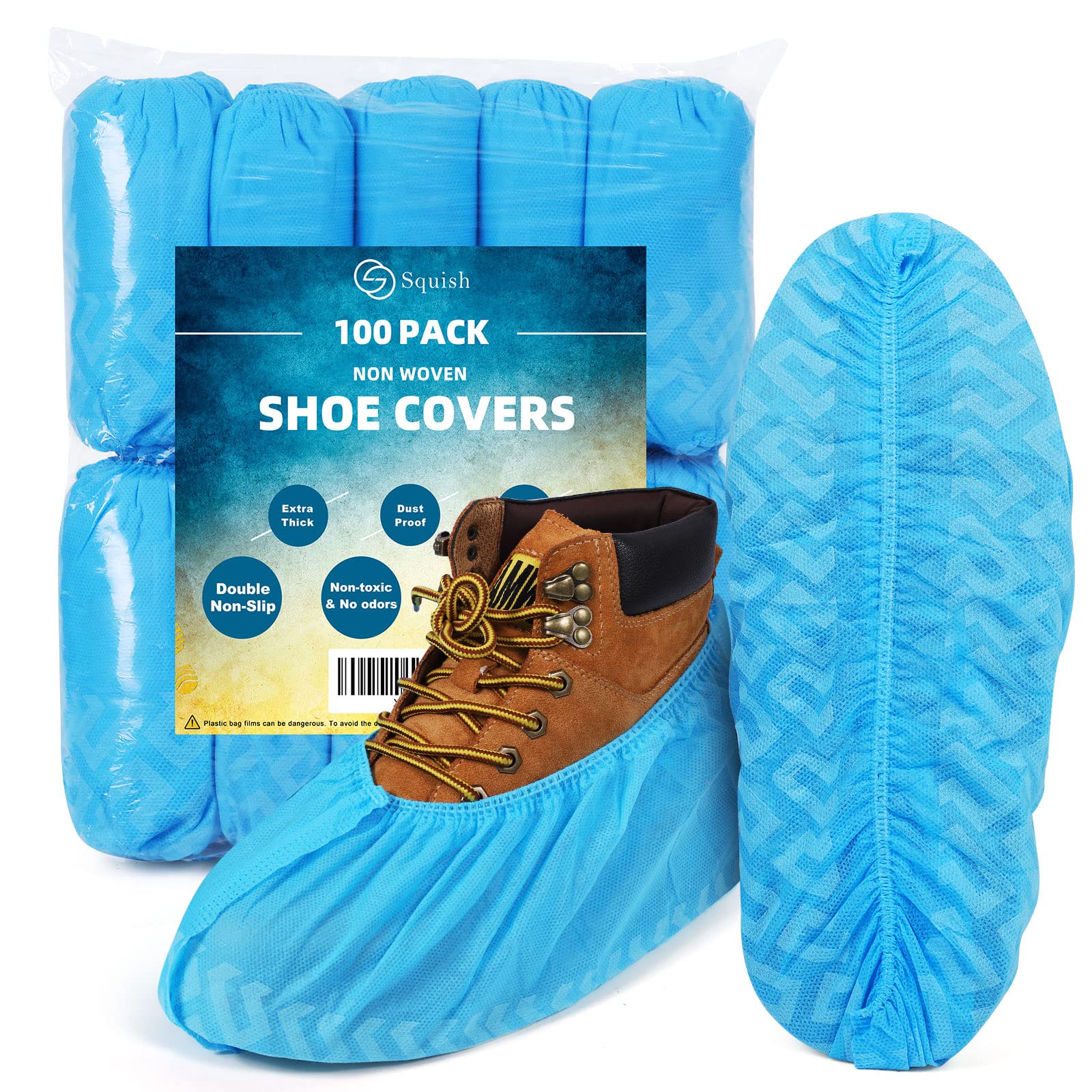 squish Shoe Covers Disposable Non Slip, Thick Extra Disposable Boot Covers Slip Proof Shoe Cover for Indoors Outdoors Recyclable Durable Protector Covers Fits Virtually Most Shoes 100 Pack(50 pairs)