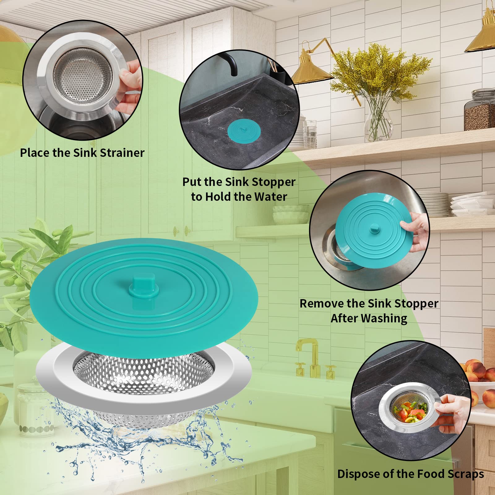 Kitchen Sink Strainer Sink Stopper - tifanso 2 PCS Sink Strainer Stopper Kit, Universal Silicone Drain Cover, 4.5 Inch Stainless Steel Sink Drain Strainer, Food Catcher for Kitchen Sink