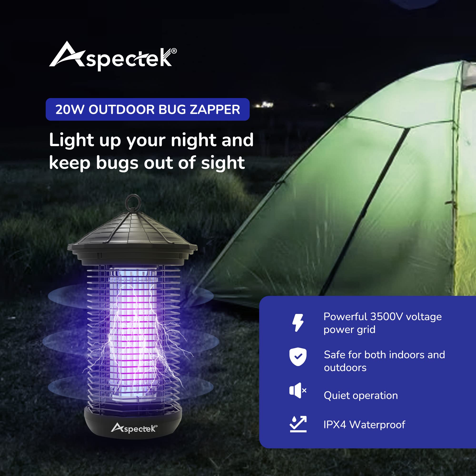 ASPECTEK Bug Zapper Outdoor 20W, Electric Mosquito Zapper, Insect Fly Zapper, Effective UV Light Fly Killer for Outdoor use, Waterproof, Up to 1000sq. FT Coverage for Camping, Patio, Garden, BBQ