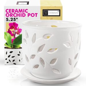 vebavo large ceramic orchid pot with holes & saucer 5.25 in. indoor or outdoor pot for orchid care & root health with precise aeration & drainage – durable for repotting or new plants