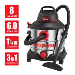 Shop-Vac 5989400 8 Gallon 6.0 Peak HP Wet/Dry Vacuum + 1-1/4" Round Brush 2 Pack…