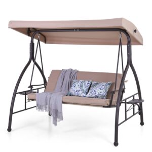 phi villa 3-seat porch swing with canopy,outdoor swing with retractable side table and removable cushion,patio swing chair/bench for porch, garden, poolside, balcony&backyard,alloy steel frame,brown