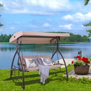 PHI VILLA 3-Seat Porch Swing with Canopy,Outdoor Swing with Retractable Side Table and Removable Cushion,Patio Swing Chair/Bench for Porch, Garden, Poolside, Balcony&Backyard,Alloy Steel Frame,Brown