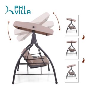 PHI VILLA 3-Seat Porch Swing with Canopy,Outdoor Swing with Retractable Side Table and Removable Cushion,Patio Swing Chair/Bench for Porch, Garden, Poolside, Balcony&Backyard,Alloy Steel Frame,Brown