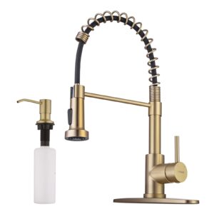 brushed gold kitchen faucet with pull down sprayer, rv brass kitchen faucet stainless steel single handle spring faucet with deck plate for farmhouse utility sinks with gold soap dispenser