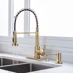 Brushed Gold Kitchen Faucet with Pull Down Sprayer, RV Brass Kitchen Faucet Stainless Steel Single Handle Spring Faucet with Deck Plate for Farmhouse Utility Sinks with Gold Soap Dispenser