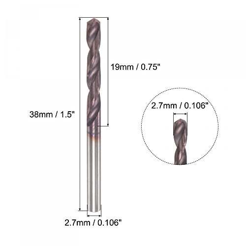 uxcell Carbide Twist Drill Bits 2.7mm, DIN K45 Tungsten Carbide AlTiSin Coated Jobber Drill Bits Straight Shank Drilling Cutter for Stainless Steel Alloy Steel