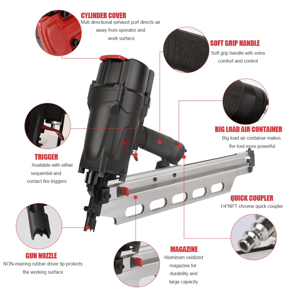 AEROPRO TOOLS Pneumatic Framing Nailer RHF9021, 21 Degree plastic collated nails from 2-Inch to 3-1/2-Inch With Tool-Free Depth Adjust,No Mar Tip and Rafter Hook