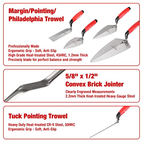 Goldblatt 12PC Masonry Hand Tool Set Organized in Tool Bag - Philadelphia/Pointing/Margin/Tuck Pointing Trowel, Skate Wheel Joint Raker, Convex Brick Jointer, String Line & Jag-clamp, Masonry Brush