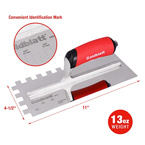 Goldblatt 1/2" Square Notch Trowel, Made of Premium Stainless Steel with Soft Grip Handle, Perfect Tool for Cement, Concrete, Masonry Tile Installation Work