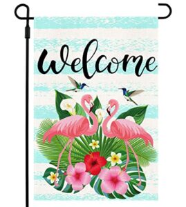 qwetry flamingo welcome summer garden flag double sided 12.5x18 inch bluebird summer yard flag for outside outdoor décor, premium burlap vertical small rustic flags for farmhouse lawn flags