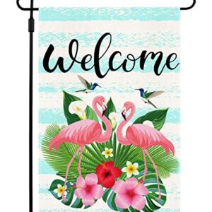 QWETRY Flamingo Welcome Summer Garden Flag Double Sided 12.5x18 Inch Bluebird Summer Yard Flag for Outside Outdoor Décor, Premium Burlap Vertical Small Rustic Flags for Farmhouse Lawn Flags