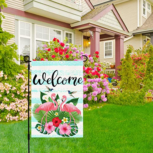 QWETRY Flamingo Welcome Summer Garden Flag Double Sided 12.5x18 Inch Bluebird Summer Yard Flag for Outside Outdoor Décor, Premium Burlap Vertical Small Rustic Flags for Farmhouse Lawn Flags