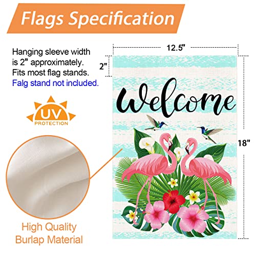 QWETRY Flamingo Welcome Summer Garden Flag Double Sided 12.5x18 Inch Bluebird Summer Yard Flag for Outside Outdoor Décor, Premium Burlap Vertical Small Rustic Flags for Farmhouse Lawn Flags