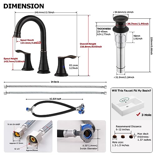 PARLOS Widespread Double Handles Bathroom Faucet with Metal Pop Up Drain and cUPC Faucet Supply Lines, Oil Rubbed Bronze, 1.2 GPM