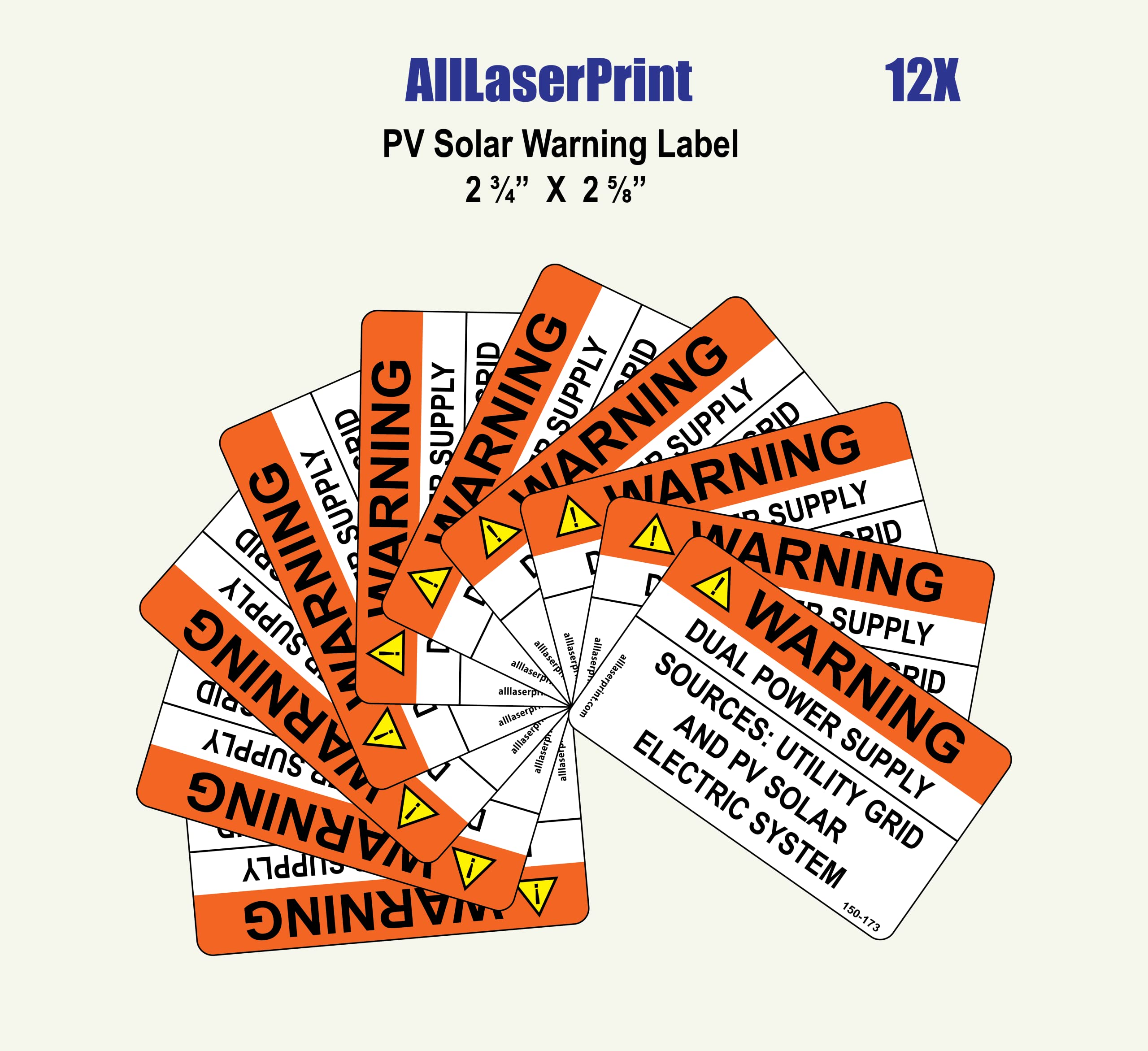 Photovoltaic Labels for PV Solar System_"Warning_Dual Power Supply_Sources: Utility Grid and PV Solar Electric System" _2 ¾” X 2 ⅝” _Pack of 12