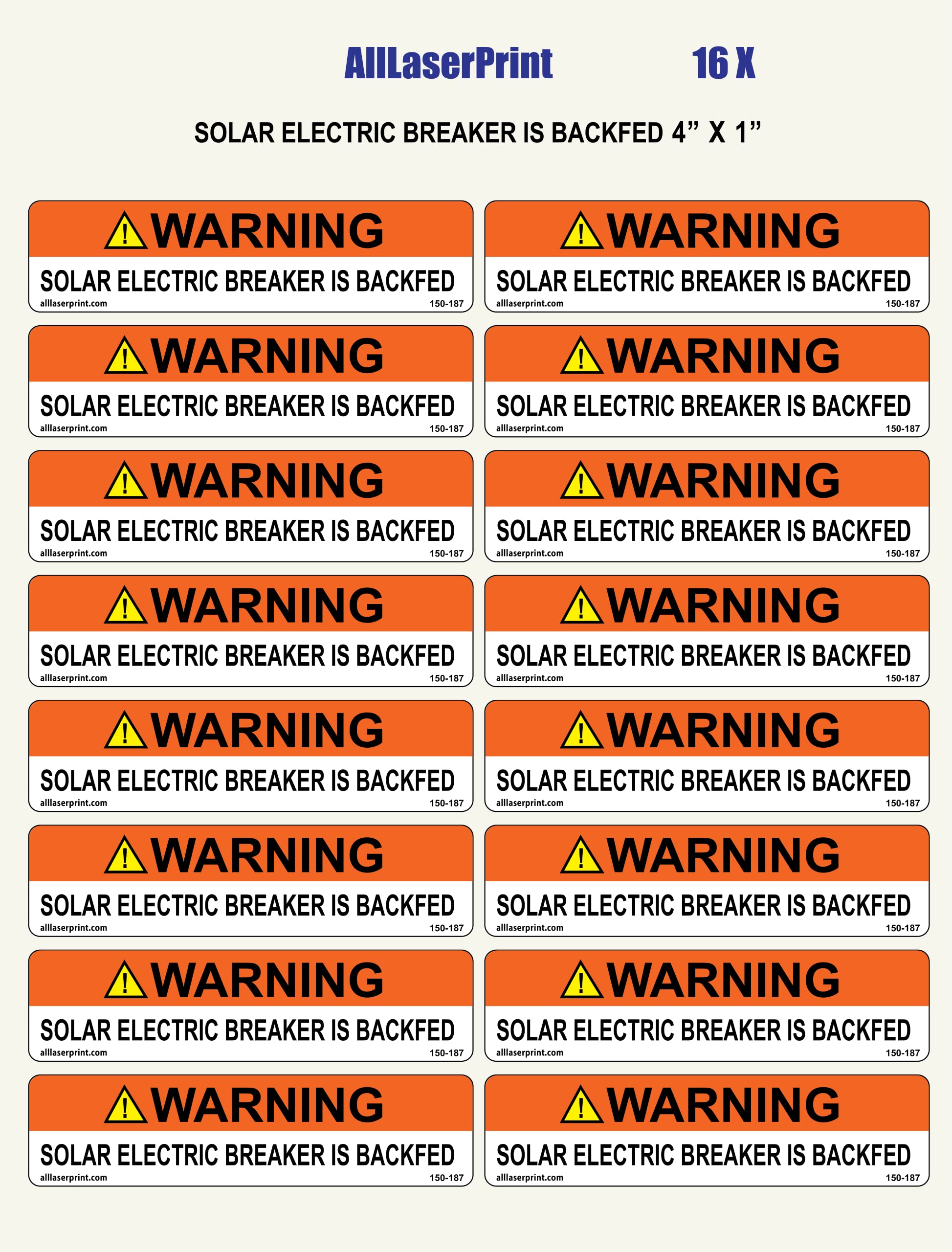 Photovoltaic Labels for PV Solar System_"Warning_Solar Electric Breaker is BACKFED" _4" x 1" _Pack of 16