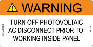 photovoltaic labels for pv solar system_"warning_turn off photovoltaic ac disconnect prior to working inside panel" _4" x 2" _pack of 10
