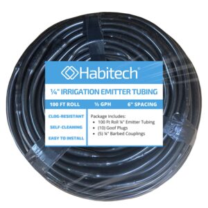 Habitech 1/4" Irrigation Dripline Tubing (100 Ft Roll) - 6" Emitter Spacing - 1/4" Drip Irrigation Fittings Included