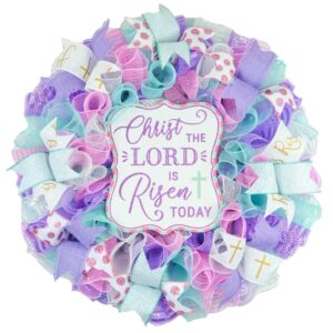 christ lord risen today easter front door wreath - cross present - pink lavender mint green gold white