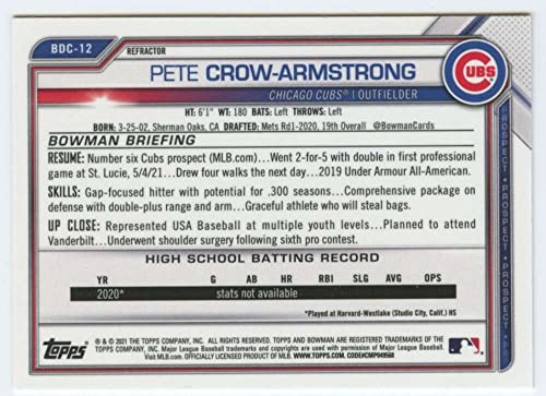 2021 Bowman Chrome Draft Refractor #BDC-12 Pete Crow-Armstrong RC Rookie Chicago Cubs MLB Baseball Trading Card