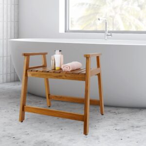 VaeFae Teak Shower Chair with Arms, 22" Shower Bench, Spa Bath Seat for Bathroom, Wooden Shower Stool for Inside Shower