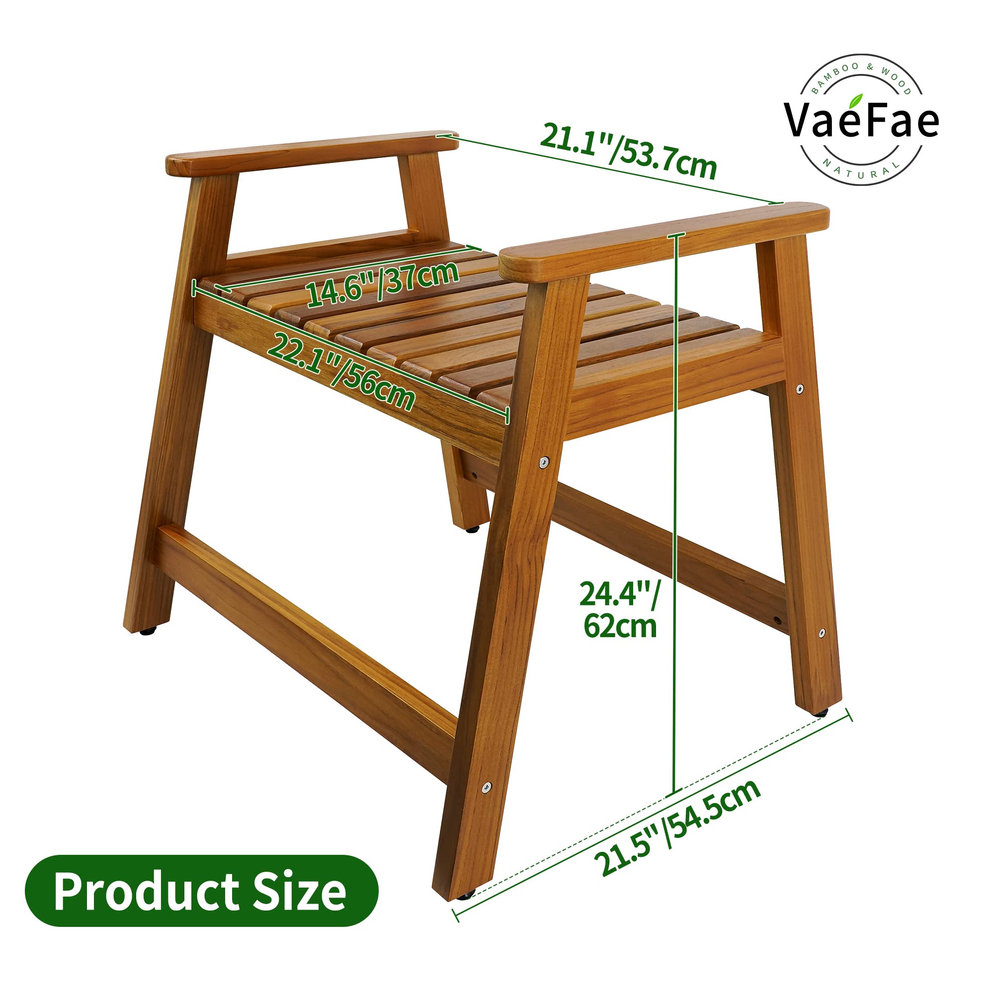 VaeFae Teak Shower Chair with Arms, 22" Shower Bench, Spa Bath Seat for Bathroom, Wooden Shower Stool for Inside Shower