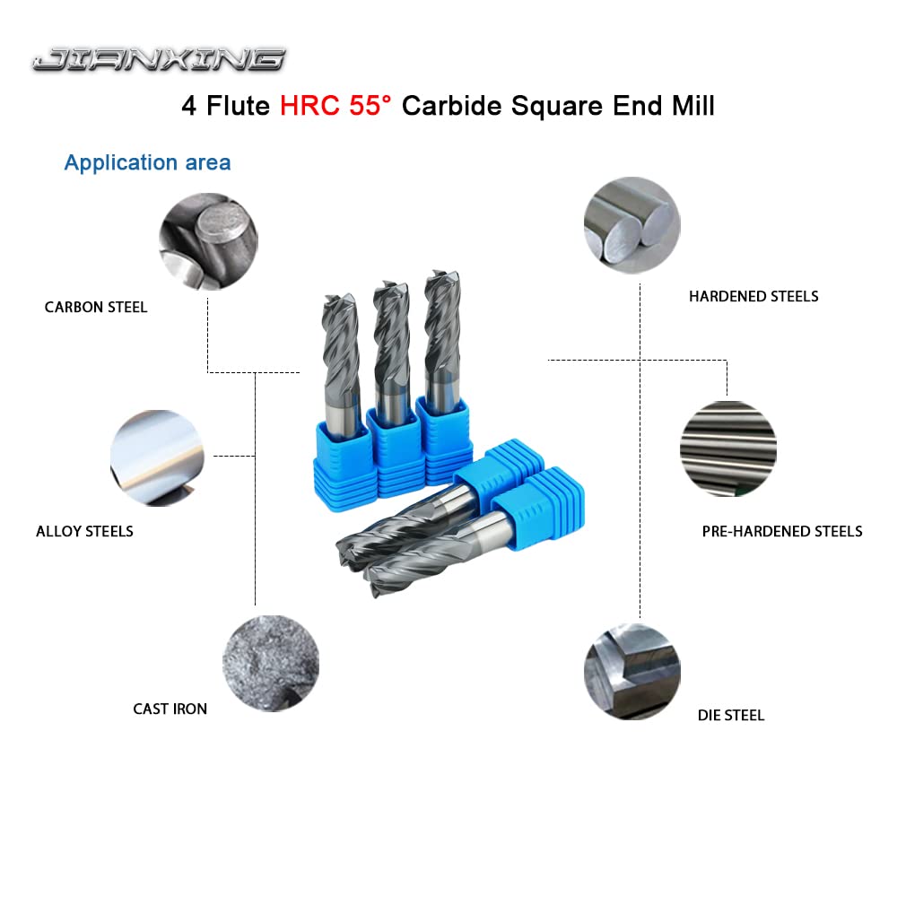 JIANXING 5/16" Extra Long Carbide Square End Mill for Alloy Steels/Hardened Steels, 4" Overall Length End Mill Bits, 4 Flute HRC 55 Deg AlTiN Coating, CNC Router Bits (1 Pieces)