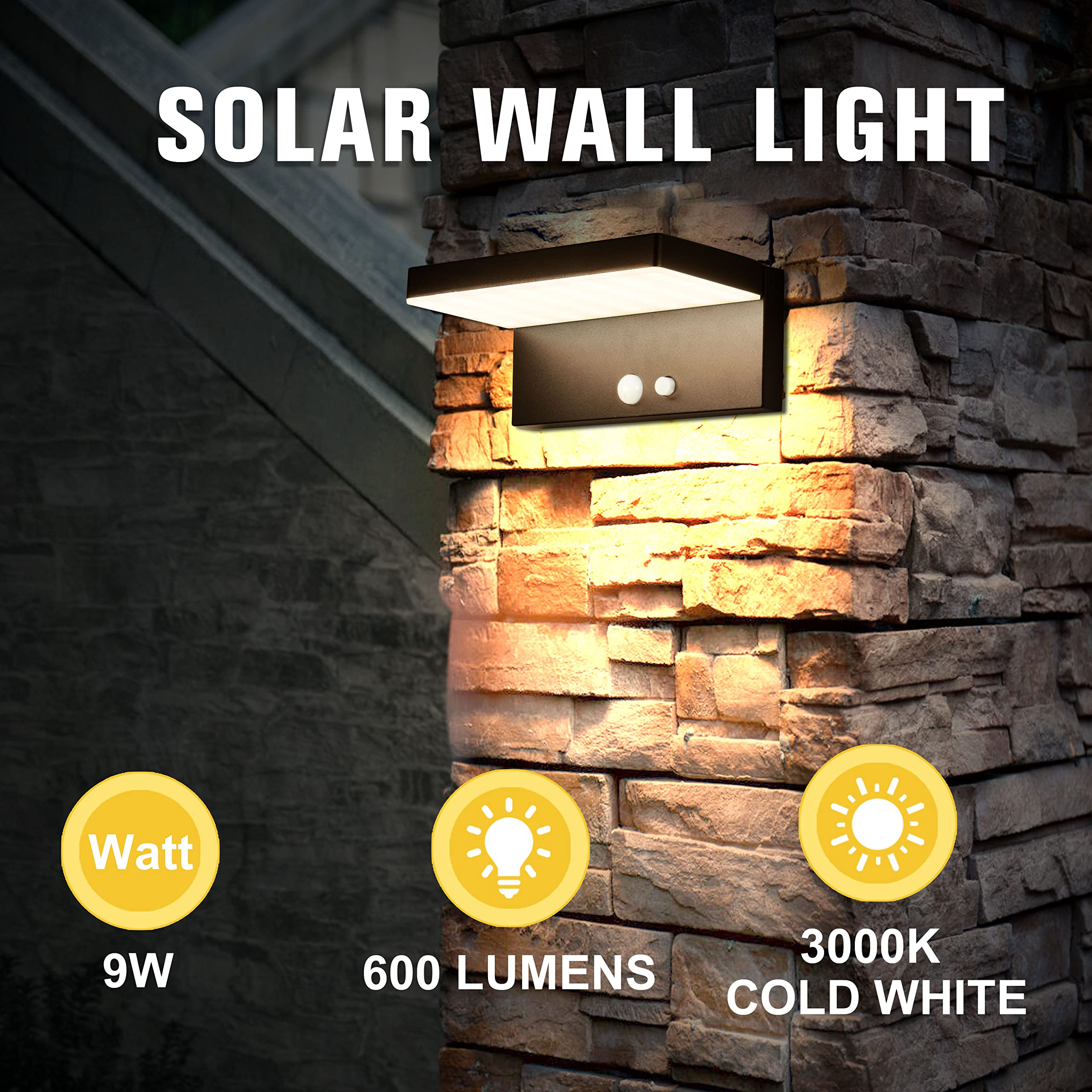 BRIMMEL Solar Wall Lights Outdoor 2 Packs, 3 Light Modes, Motion Sensor Solar Sconce, Dusk to Dawn, 10 Hours Battery Life, Super Bright Solar Address Light for Fence Patio Porch, Aluminum, Black