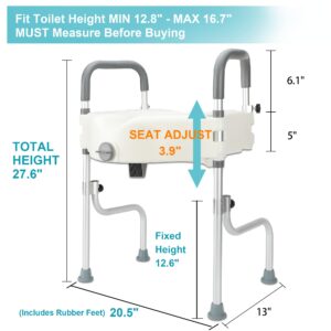 Raised Toilet Seat, Elevated Toilet Seat Riser with Handles Height Adjustable Legs for Elongated Standard Toilets 300 lbs Heavy Duty Bathroom Assist Safety Commode Frame White