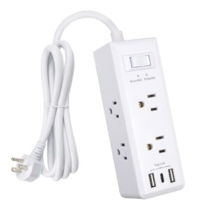 clear power 6-outlet surge protector power strip with 3 usb ports(1 usb-c), 5ft power cord, flat plug, multi outlets on 3 sides, desktop charging station, white, dc3s-1106-dc