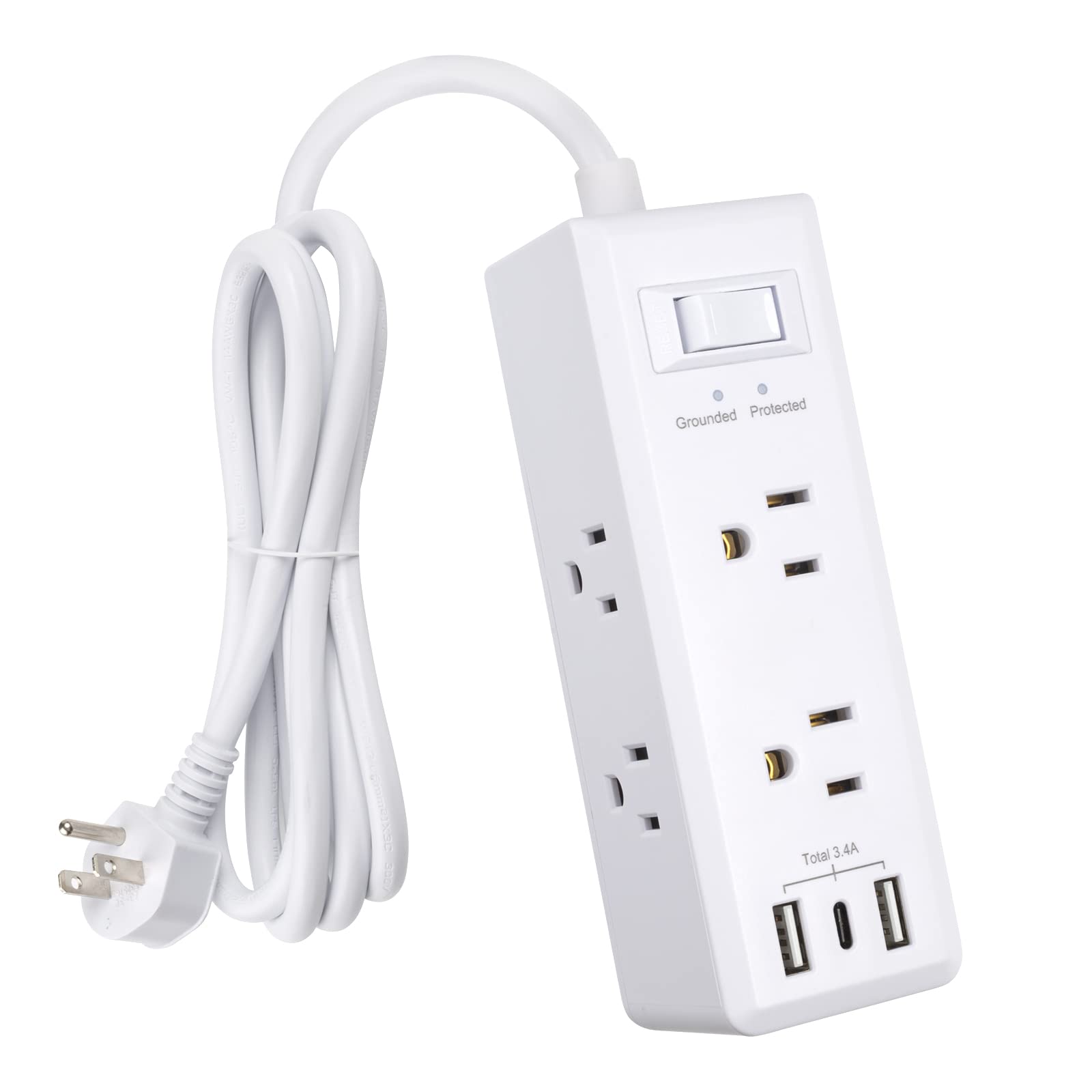 Clear Power 6-Outlet Surge Protector Power Strip with 3 USB Ports(1 USB-C), 5ft Power Cord, Flat Plug, Multi Outlets on 3 Sides, Desktop Charging Station, White, DC3S-1106-DC