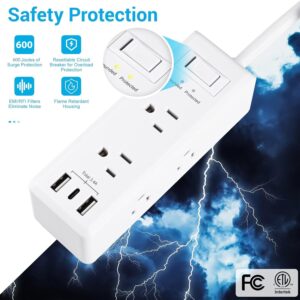 Clear Power 6-Outlet Surge Protector Power Strip with 3 USB Ports(1 USB-C), 5ft Power Cord, Flat Plug, Multi Outlets on 3 Sides, Desktop Charging Station, White, DC3S-1106-DC