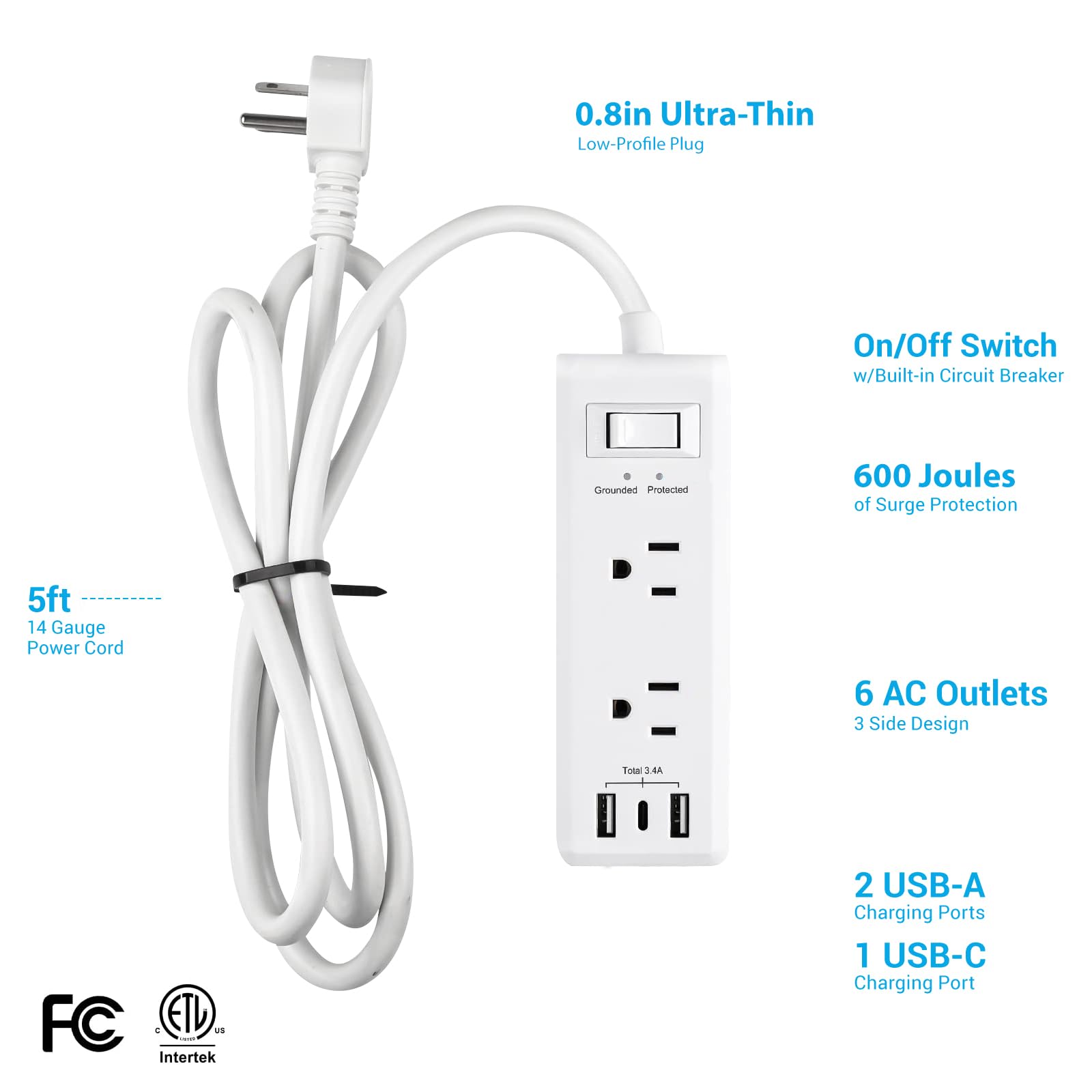 Clear Power 6-Outlet Surge Protector Power Strip with 3 USB Ports(1 USB-C), 5ft Power Cord, Flat Plug, Multi Outlets on 3 Sides, Desktop Charging Station, White, DC3S-1106-DC