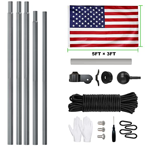 FFILY Heavy Duty 25 FT Flag Pole - 13 Gauge Extra Thick Aluminum Flagpole Kit with Embroidered Stars 3x5 American Flag for Outside House In Ground - 80MPH Wind Tested