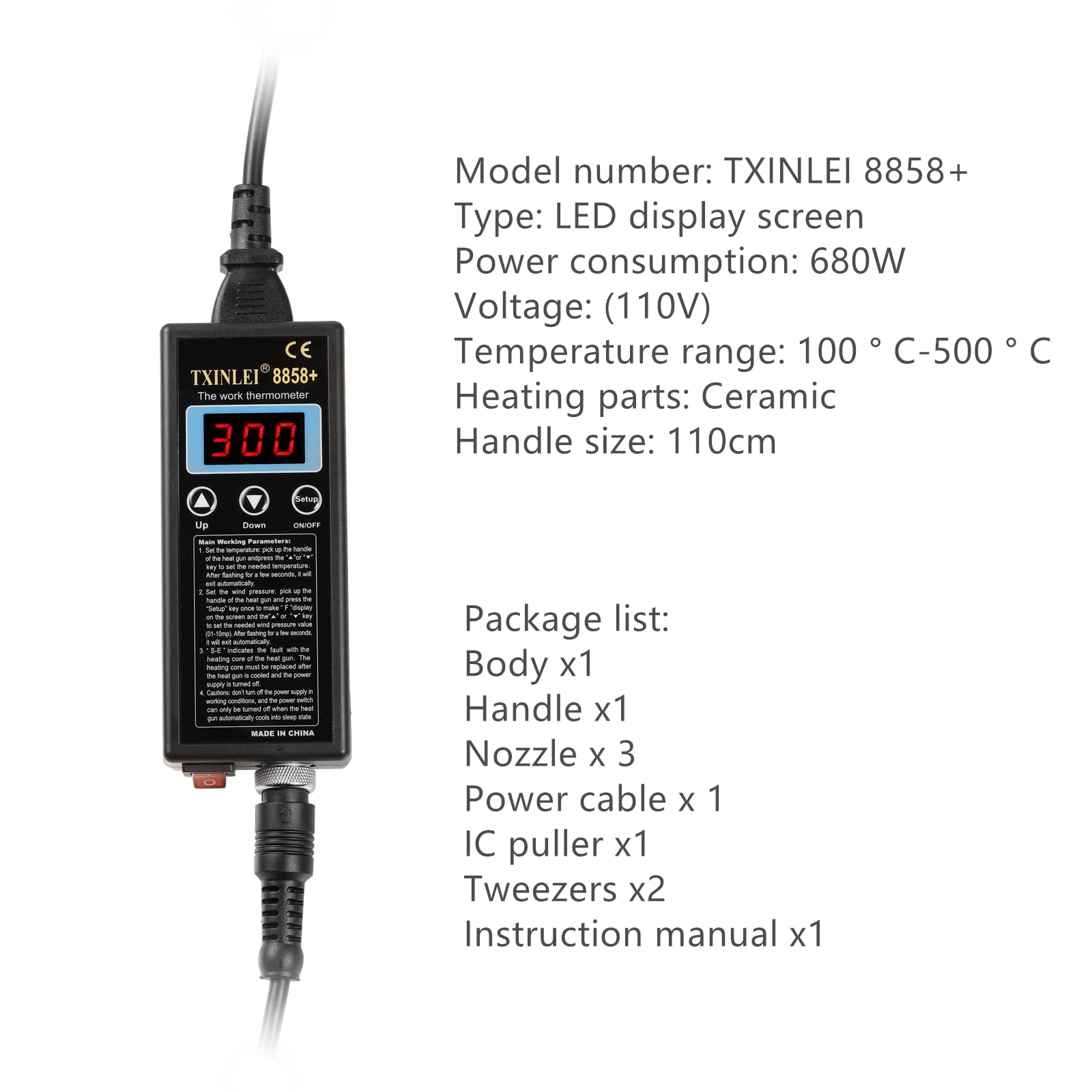 TXINLEI 8858+ 110V 680W SMD Hot Air Gun Hot Air Welder Rework Station Soldering Station 3 Nozzles Mobile Phone Repair Tool