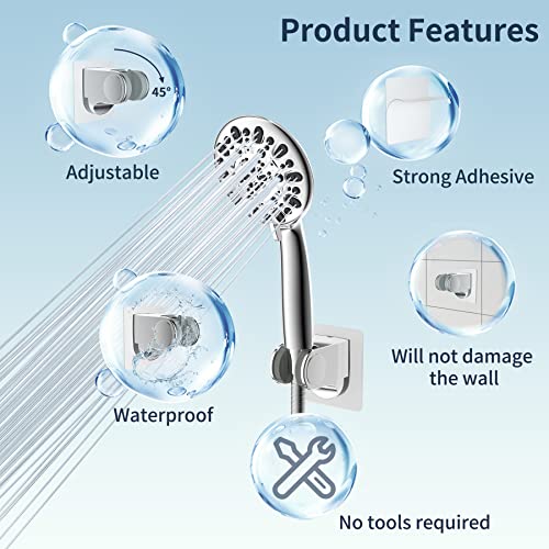 Hibbent 2 Pack Shower Head Holder, Strong Adhesive and Waterproof Handheld Shower Holder, Shower Head Bracket, Height Adjustable Shower Wand Holder, Wall Mount, No Drilling, Chrome Finish