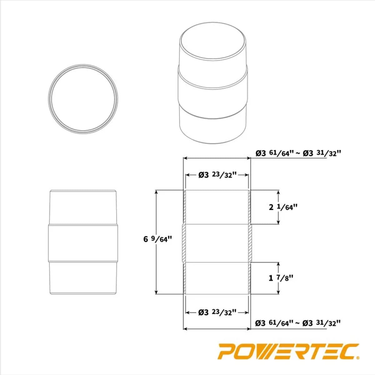 POWERTEC 70123V 4-Inch Dust Hose Connector w/Quick Connect Splice Adapter, ABS Plastic