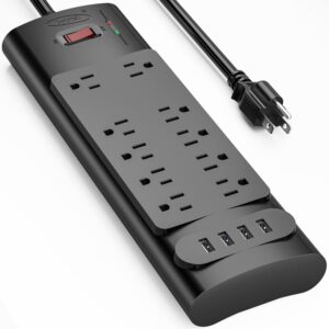 power strip surge protector with 10 ac outlets & 4 usb ports, 1875w/15a, 2100 joules, 6 feet long extension cord for home, office, dorm essentials, etl listed - black