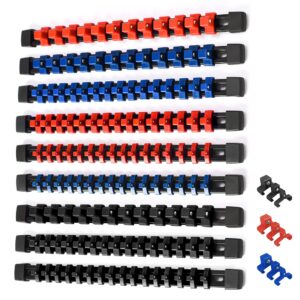 aloanes 9pc abs socket organizer, 1/2 inch, 3/8 inch and 1/4 inch drive socket rail holders, heavy duty socket racks, black rails with red blue black clips