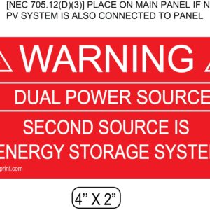 Photovoltaic Labels for PV Solar System_"Warning_Dual Power Source_Second Source is Energy Storage System" _4" x 2" _Pack of 12