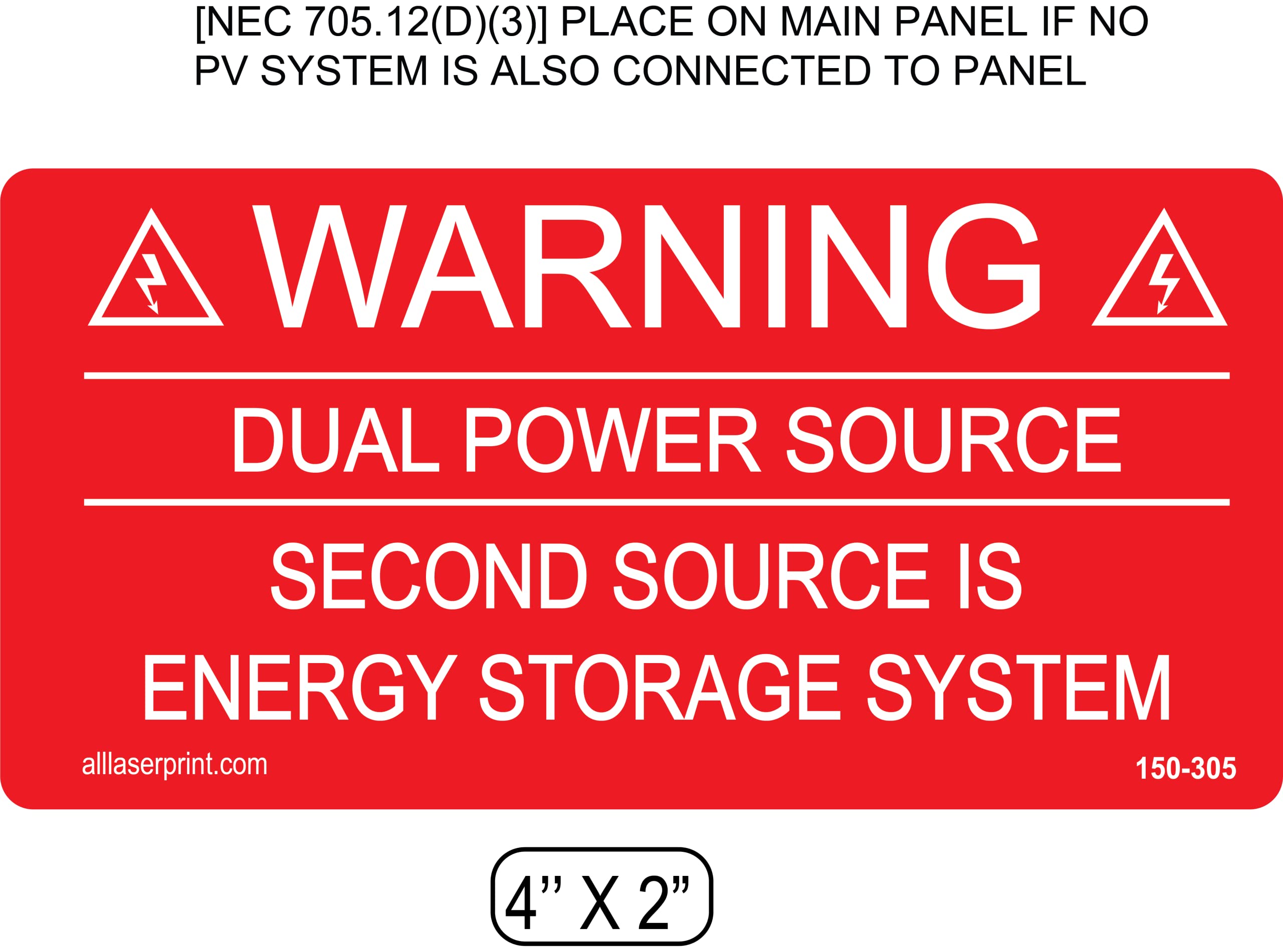 Photovoltaic Labels for PV Solar System_"Warning_Dual Power Source_Second Source is Energy Storage System" _4" x 2" _Pack of 12