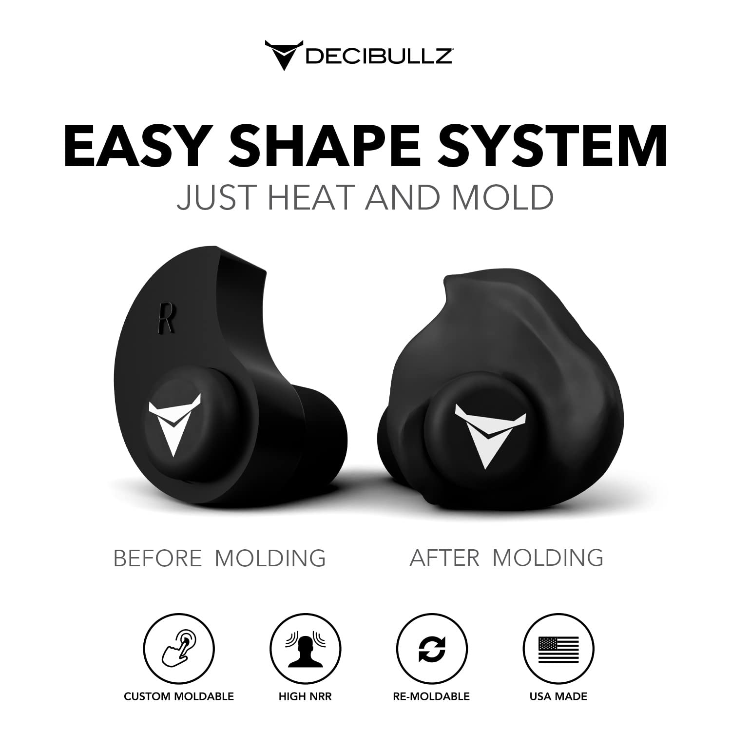 Decibullz 25-Decibel Noise-Reduction Earplugs for Hearing Protection, Custom-Molded Reusable Earplugs for Noise Sensitivity & Flights, Black
