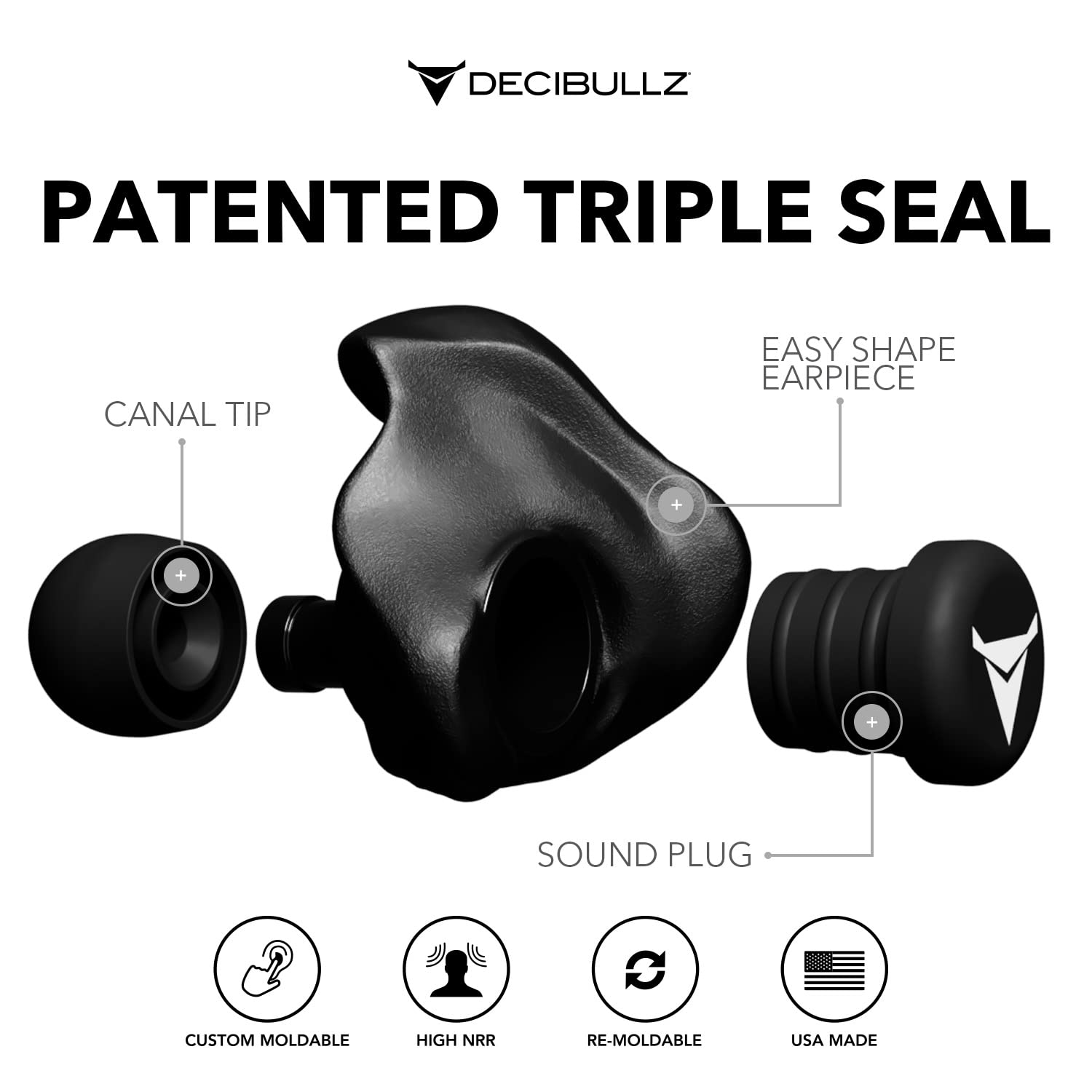 Decibullz 25-Decibel Noise-Reduction Earplugs for Hearing Protection, Custom-Molded Reusable Earplugs for Noise Sensitivity & Flights, Black