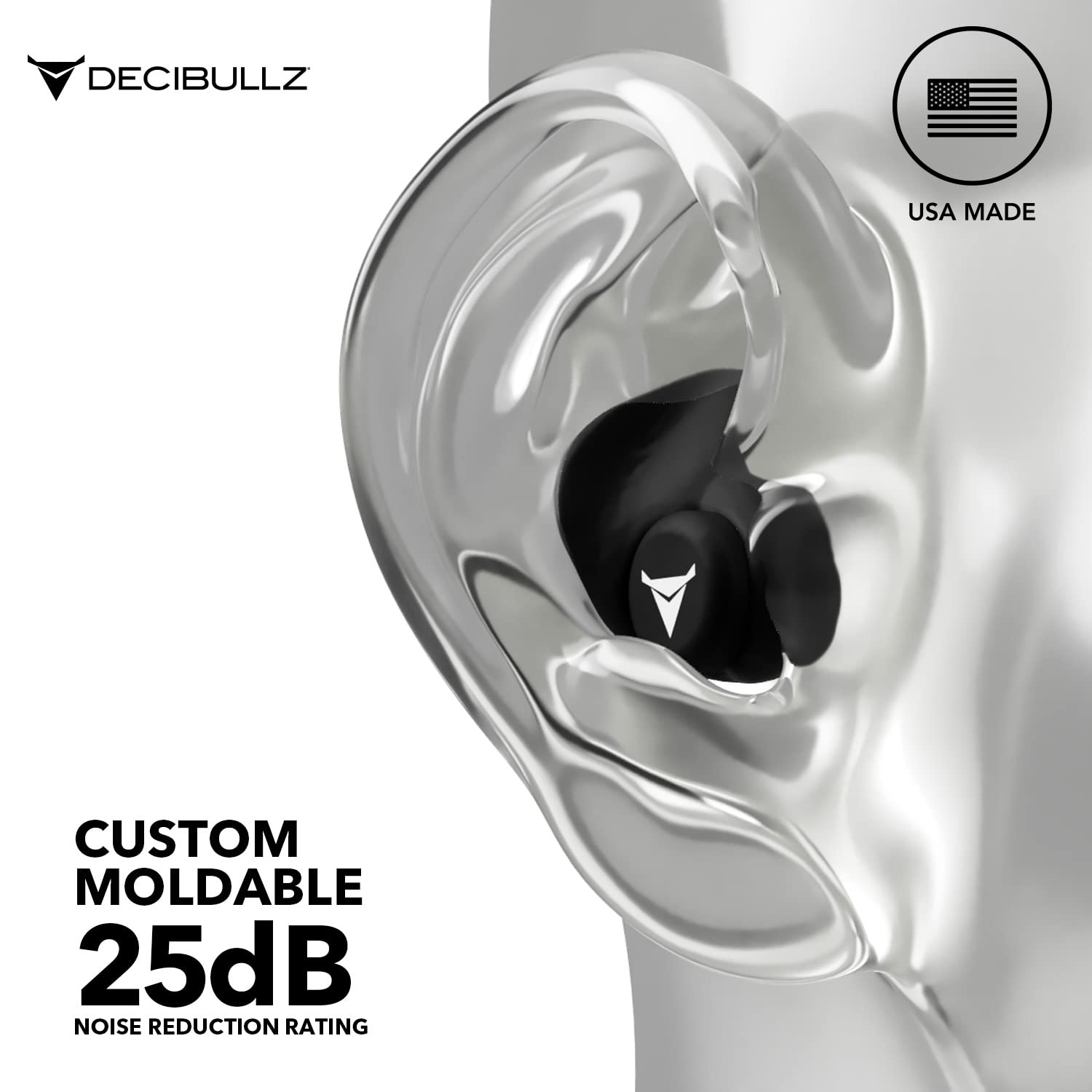 Decibullz 25-Decibel Noise-Reduction Earplugs for Hearing Protection, Custom-Molded Reusable Earplugs for Noise Sensitivity & Flights, Black